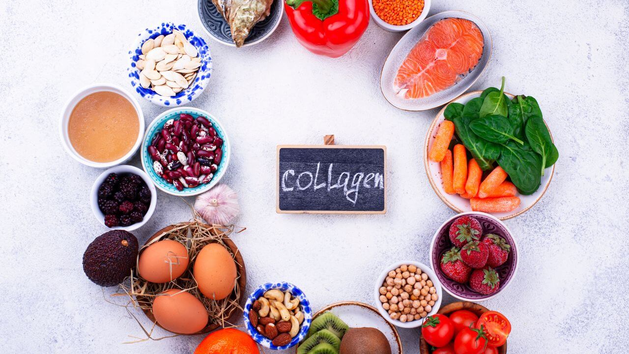 Types of collagen rich foods and other nutrients found in whole form like bone broth, citrus fruits, and leafy greens. 