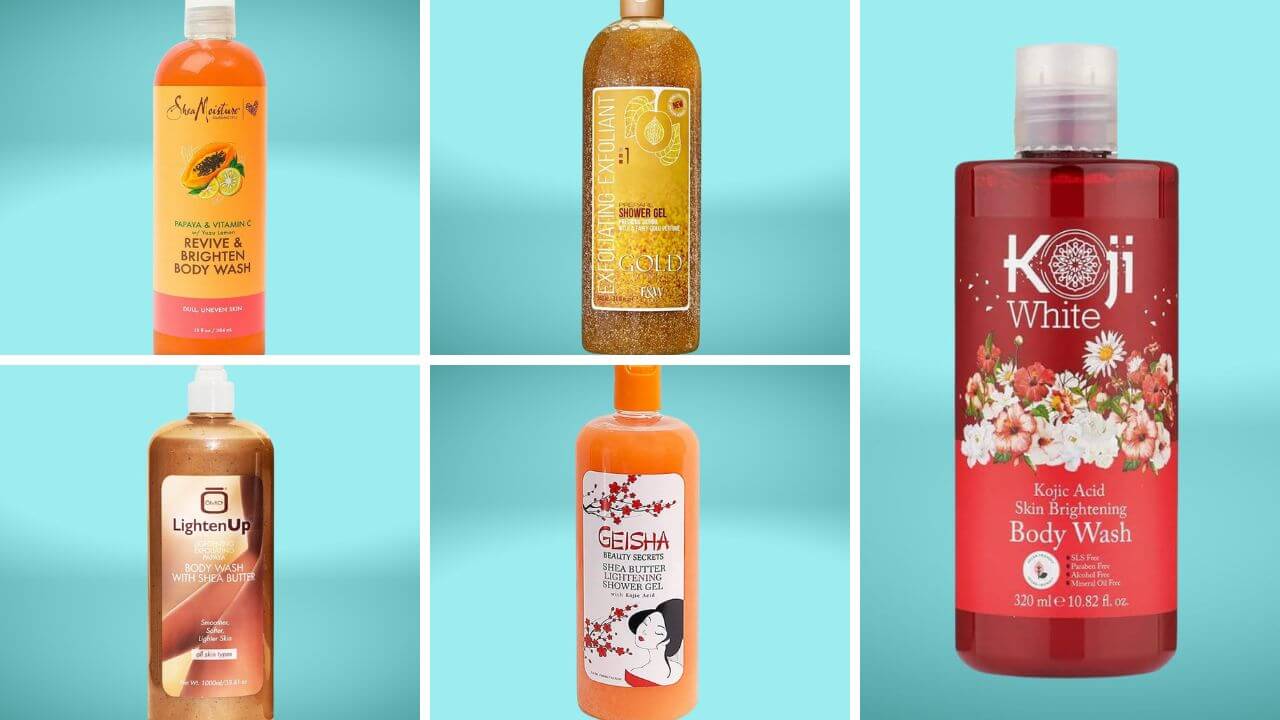 Collage of the 5 best body wash brands with ingredients like salicylic acid and benzoyl peroxide to reduce hyperpigmentation.