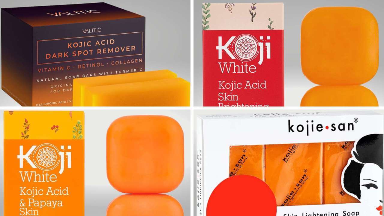 Collage featuring: Kojie San Skin Lightening Soap, Koji White Kojic Acid Soap, and Valitic Kojic Acid Dark Spot Remover.