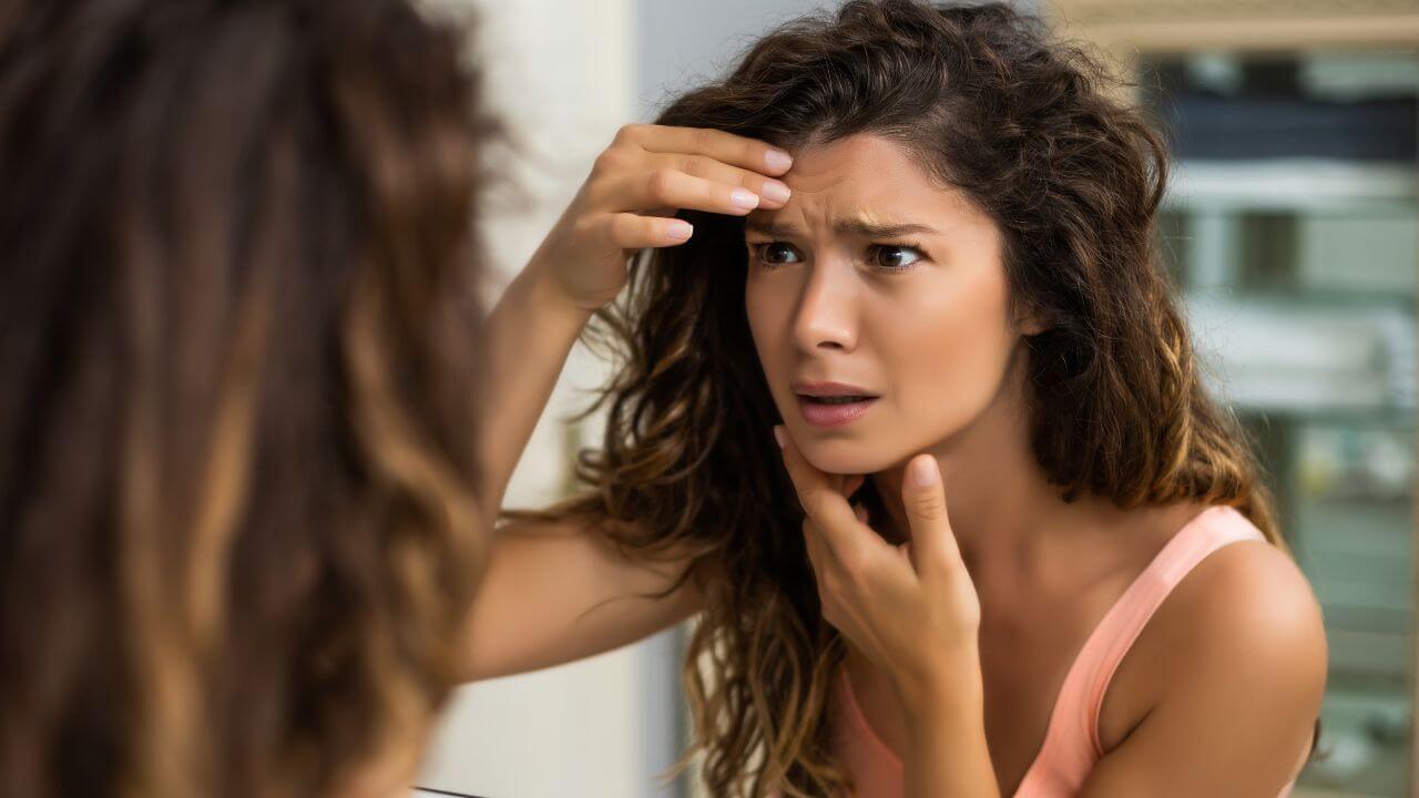 A close up of a young woman looking into a mirror with a frightened look while holding her chin and touching her forehead.