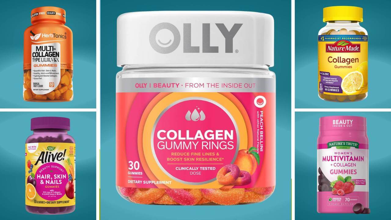 Collage of 5 gummy vitamin brands infused with collagen peptides.