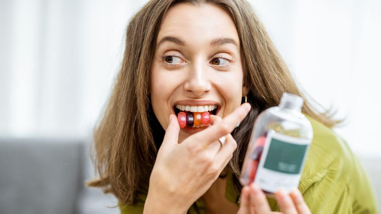 Young woman taking collagen gummies with natural flavors.